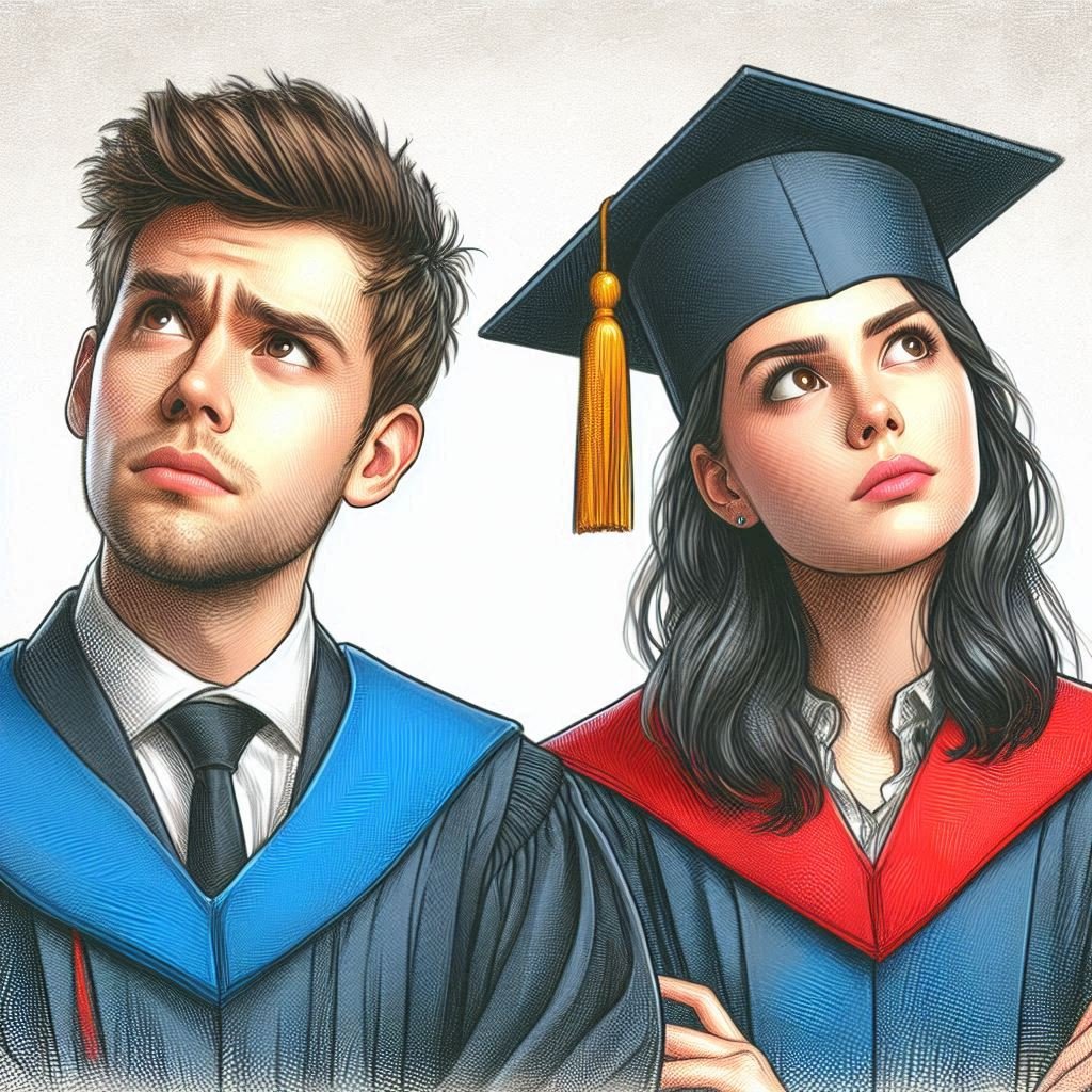 Two graduates in academic gowns and caps, looking thoughtful about PhD in biology careers.