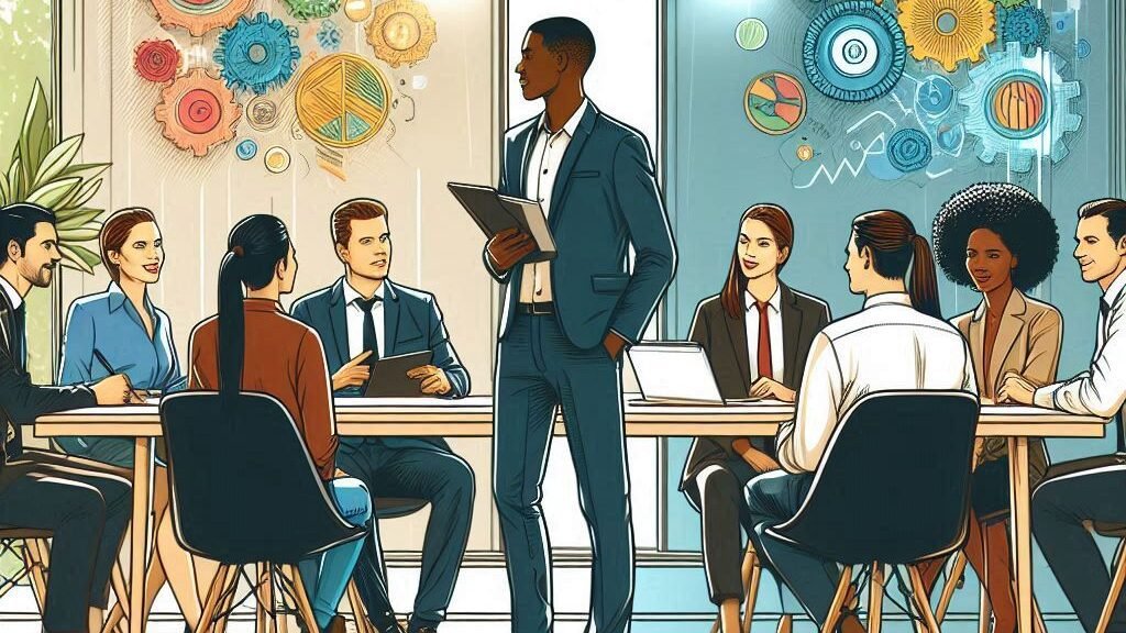 Science product manager in a biology meeting with a team, discussing strategies.