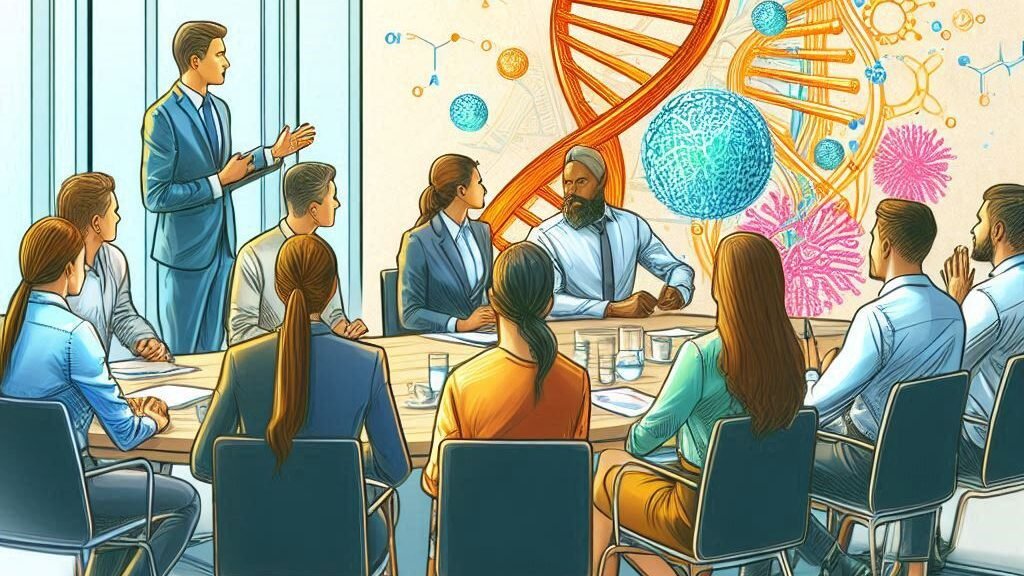 A Science product manager at a biology conference with a DNA background, presenting to a team in a meeting.