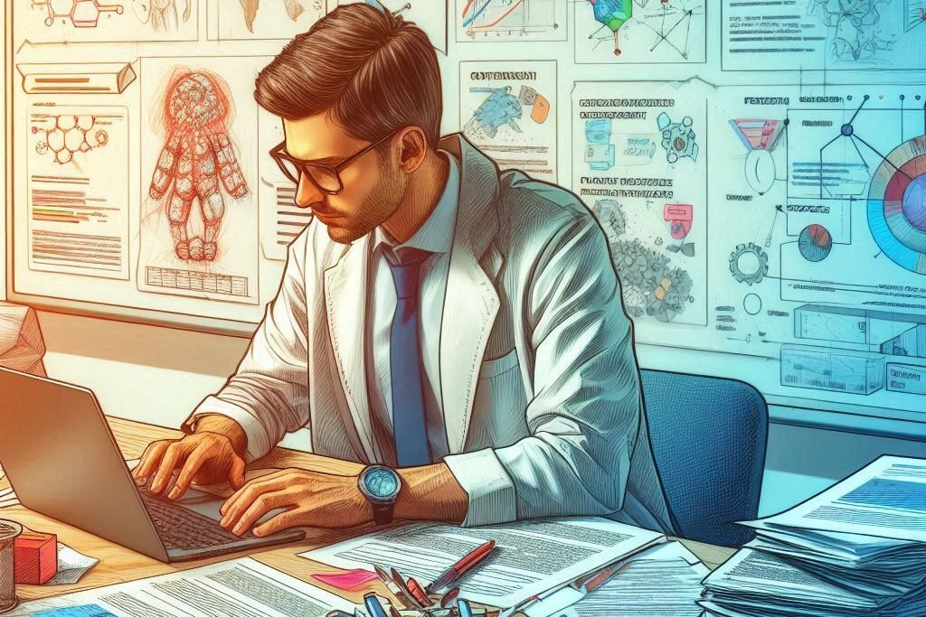 Biology project manager working at a cluttered desk.