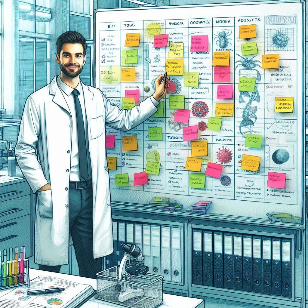 Biology project manager organizing research tasks on a board with sticky notes.
