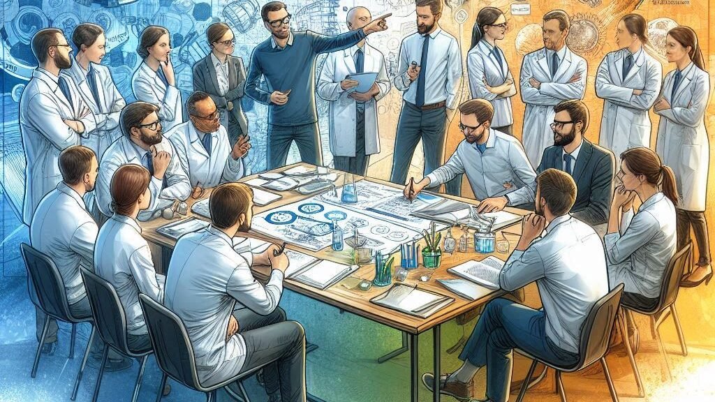 Team of professionals discussing project details around a table.