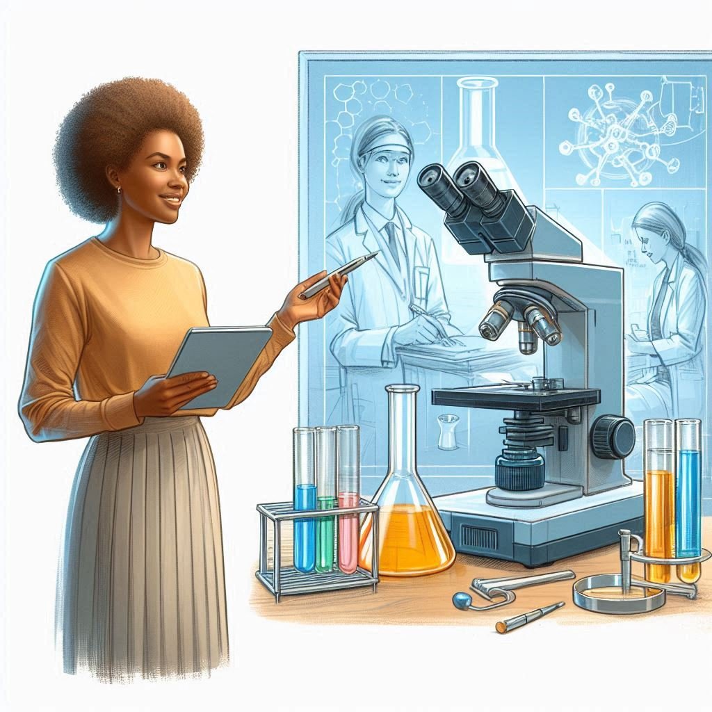 Science product manager in a biology lab with microscope, test tubes, and tablet, presenting research findings.