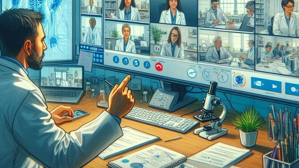 Biology product manager in a virtual biology meeting with team, using laptop.