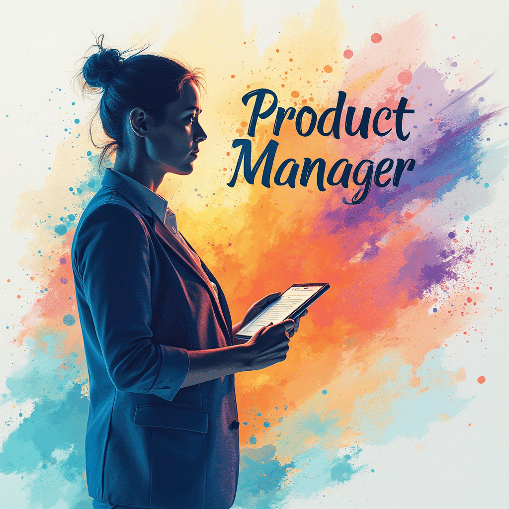 Life sciences product manager in biology holding a tablet, with a colorful abstract background and "Product Manager" text.