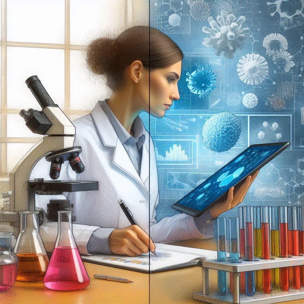 Life sciences product manager analyzing customer data in a split biology lab and digital scene with cells on a tablet.