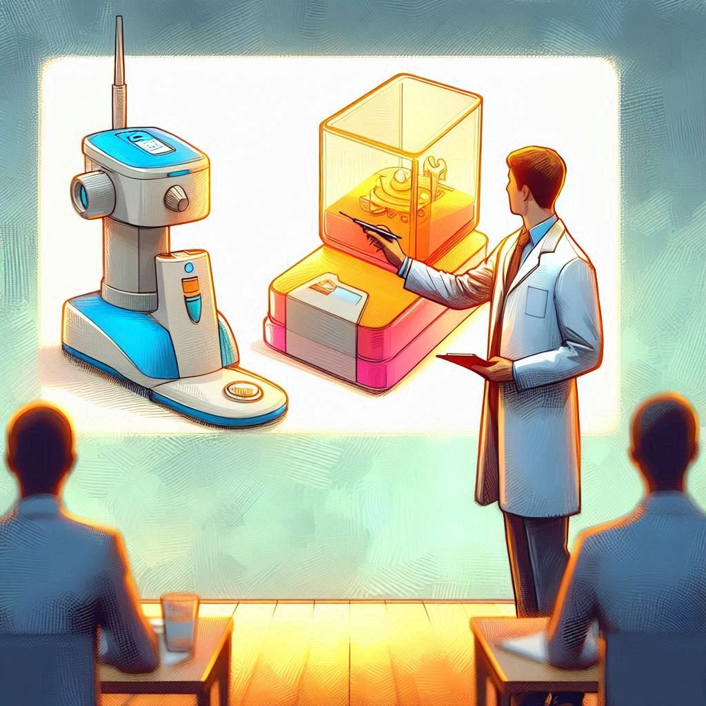 A product manager in biotech presenting a biology product with a robot at a conference, engaging scientists and decision-makers.