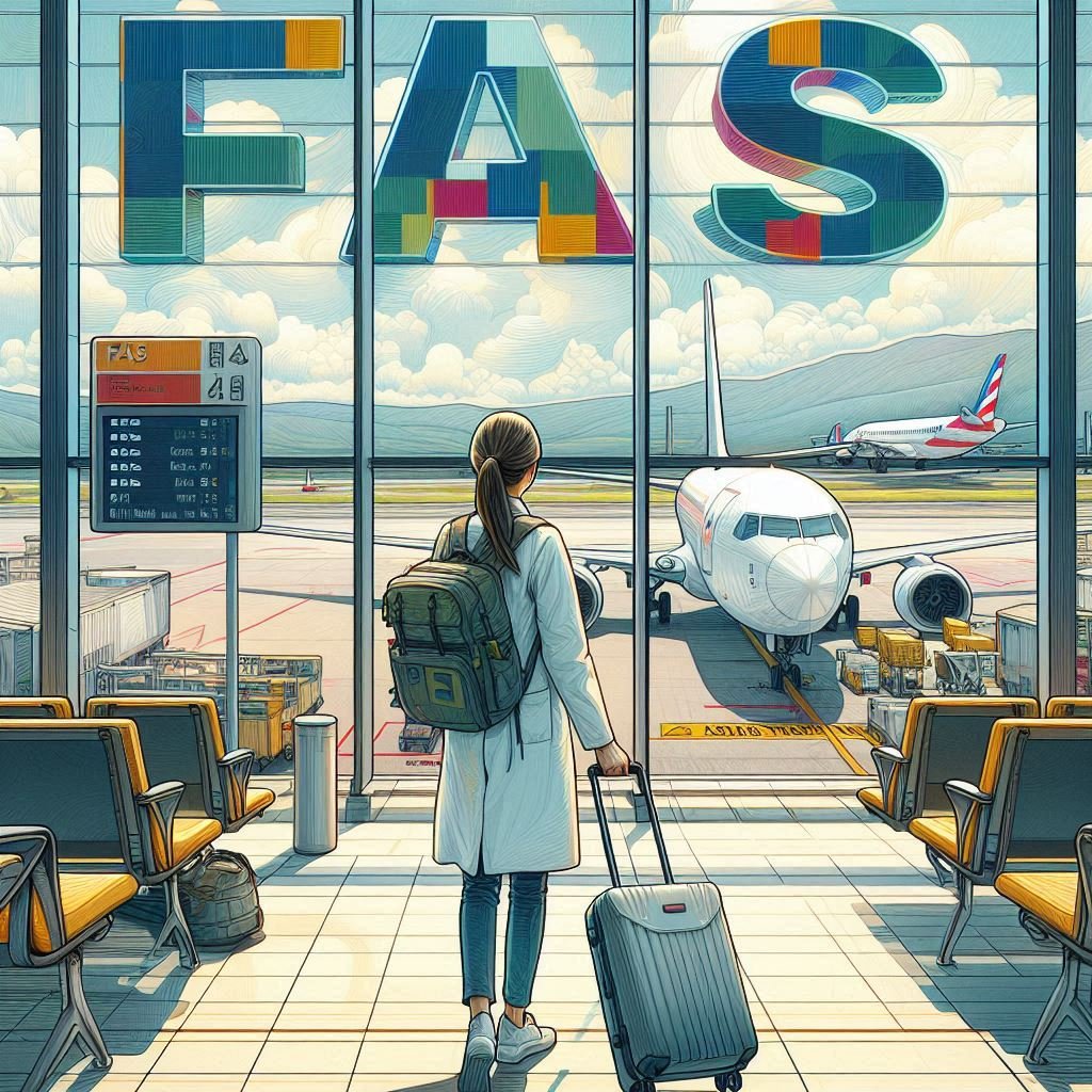 A field application specialist (FAS) with a backpack and suitcase at an airport, looking at a plane.
