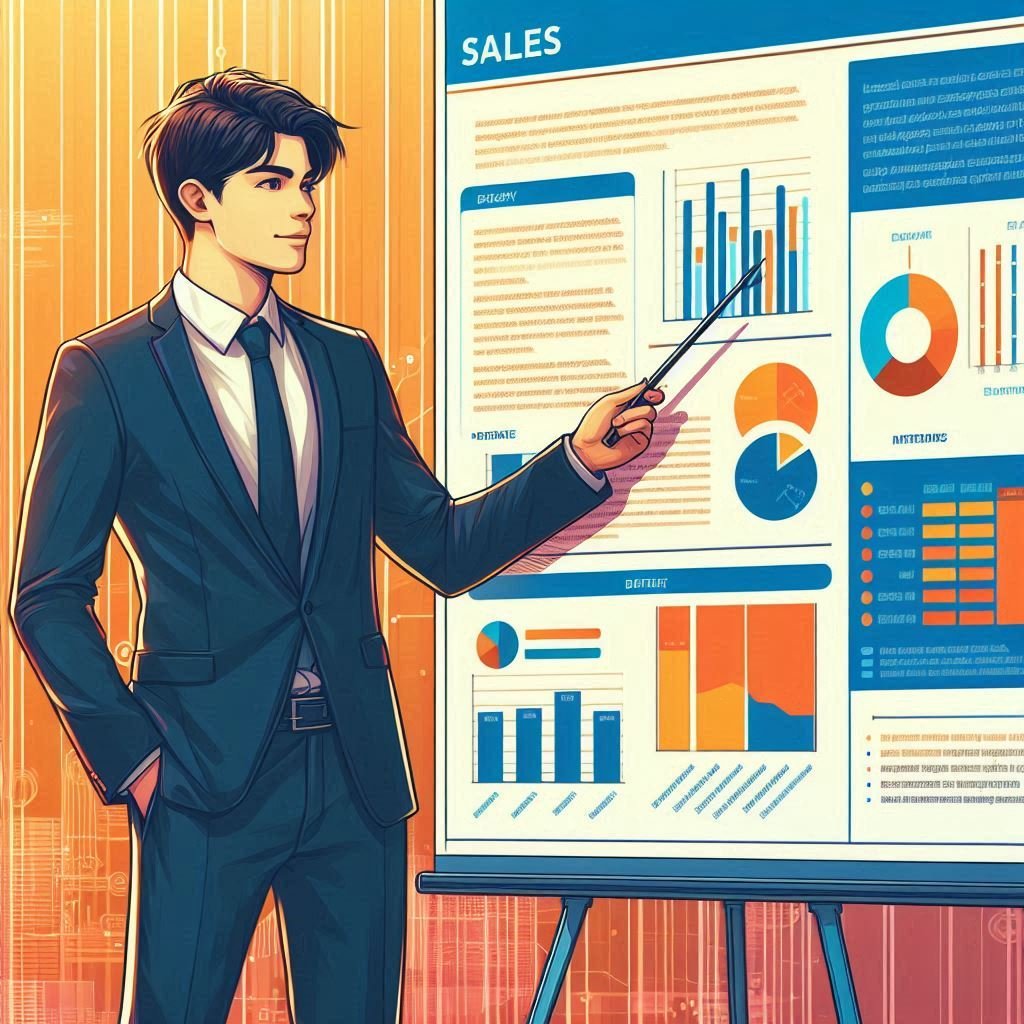  A biology sales specialist pointing to a sales chart during a presentation with various graphs and data.