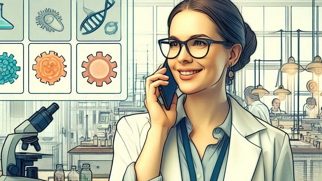 A biology sales specialist speaks on the phone in a lab, with a microscope and scientific diagrams nearby.