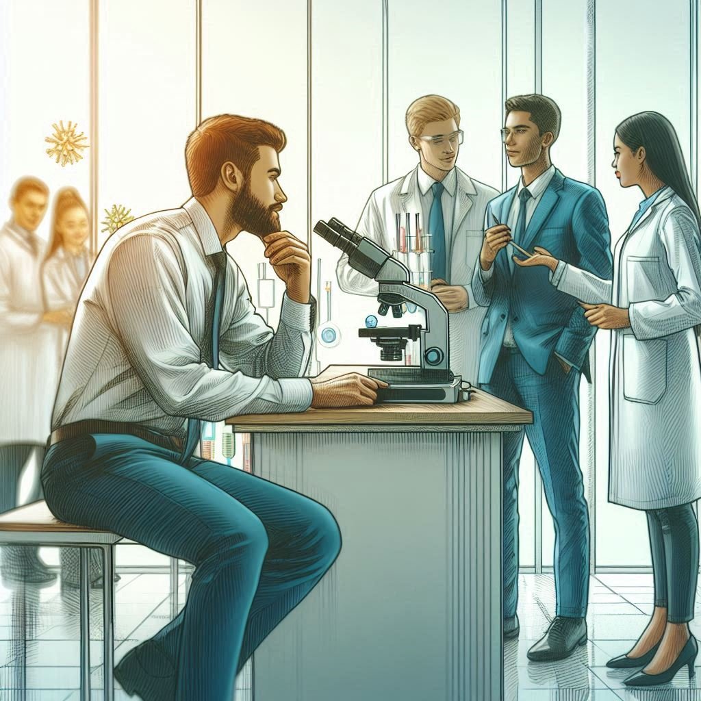 A biology sales specialist sits and thinks while a group of three colleagues stand and discuss by a microscope.
