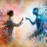 A scientist in a lab coat reaches out to connect with a futuristic AI figure, set against a colorful background where organic shapes blend into digital circuitry. The image represents AI’s growing impact on biology, illustrating the merging of human expertise with advanced technology in scientific research and innovation.