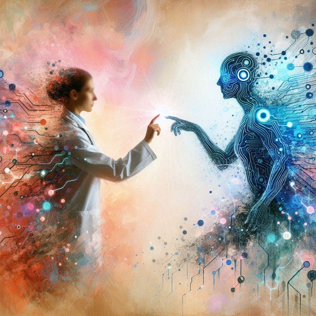 A scientist in a lab coat reaches out to connect with a futuristic AI figure, set against a colorful background where organic shapes blend into digital circuitry. The image represents AI’s growing impact on biology, illustrating the merging of human expertise with advanced technology in scientific research and innovation.