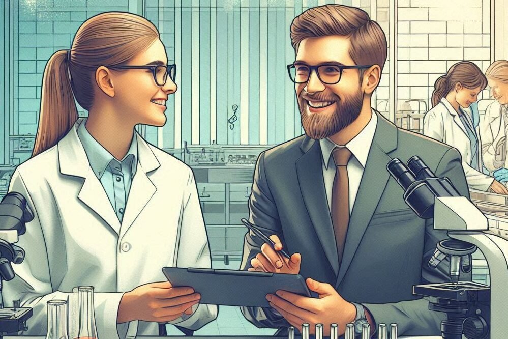  A biology sales specialist and a client in a lab, checking data on a tablet.