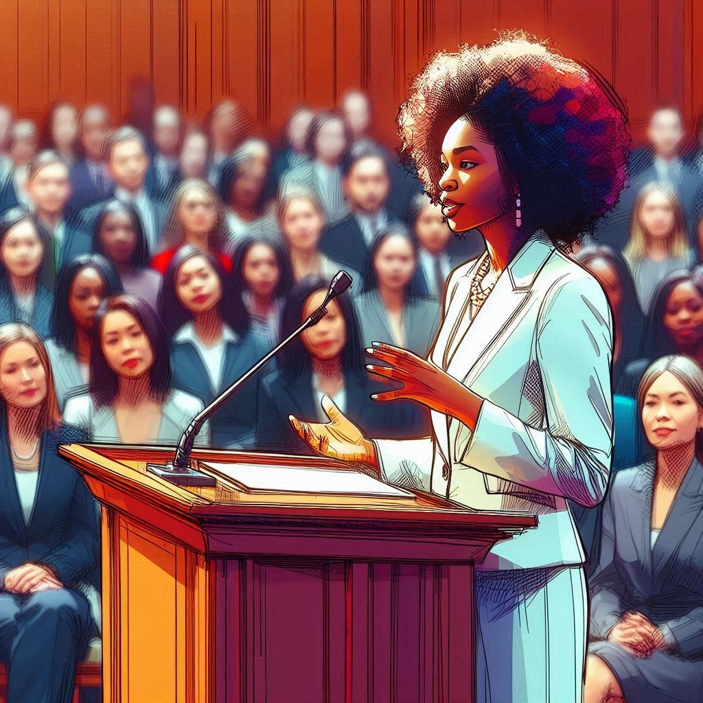 A biology sales specialist gives a presentation to a large audience from a podium.