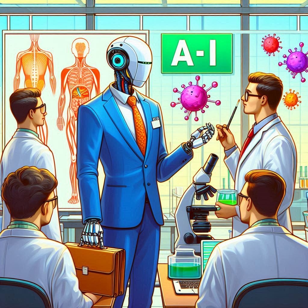 An A-I robot and three biology sales specialists discuss science in a lab with a human anatomy chart.
