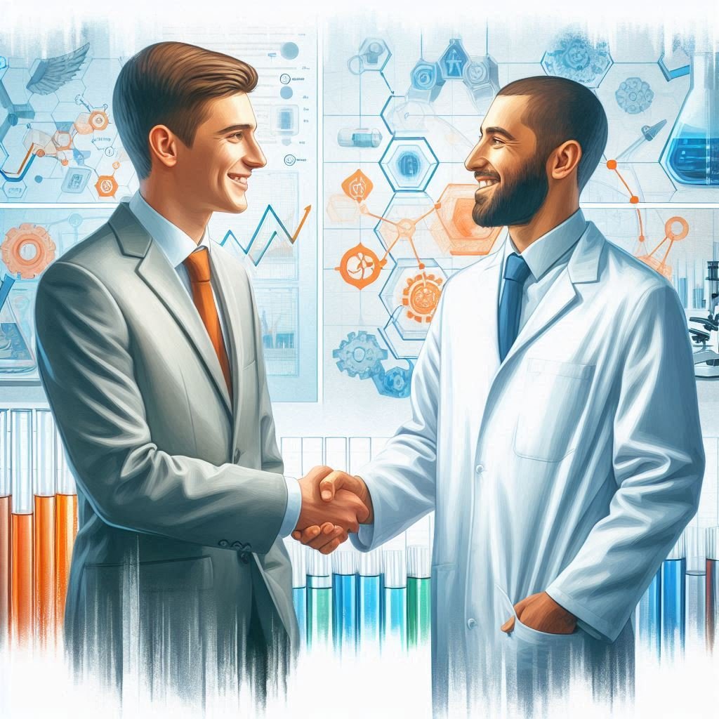 Two biology sales specialists shaking hands, lab background with beakers, graphs, and molecules.