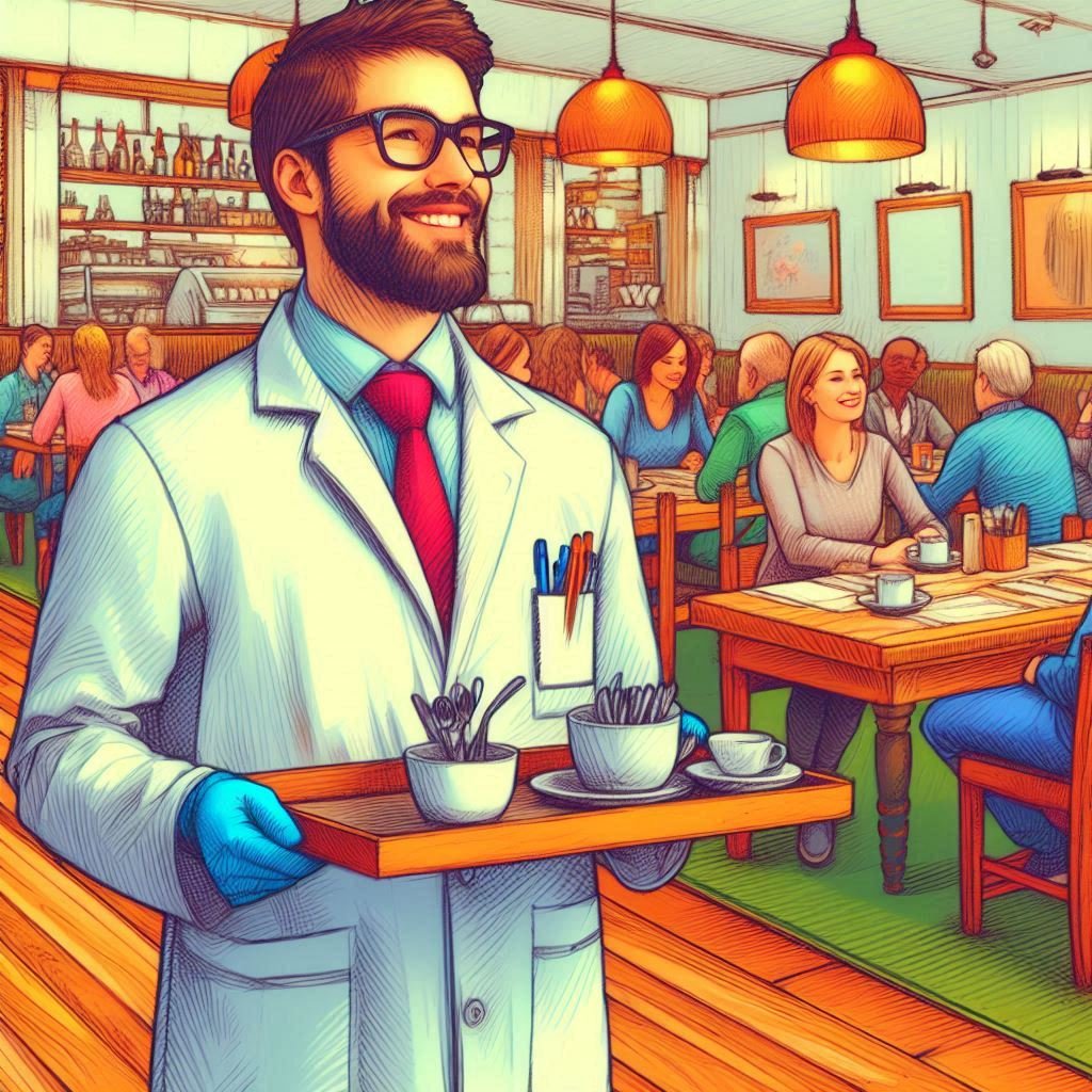  A biology sales specialist in a lab coat holding a tray of coffee cups in a busy restaurant.