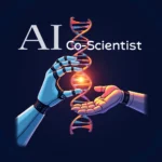 AI co-scientist and human hand with DNA, questioning Google’s breakthrough in biology research.