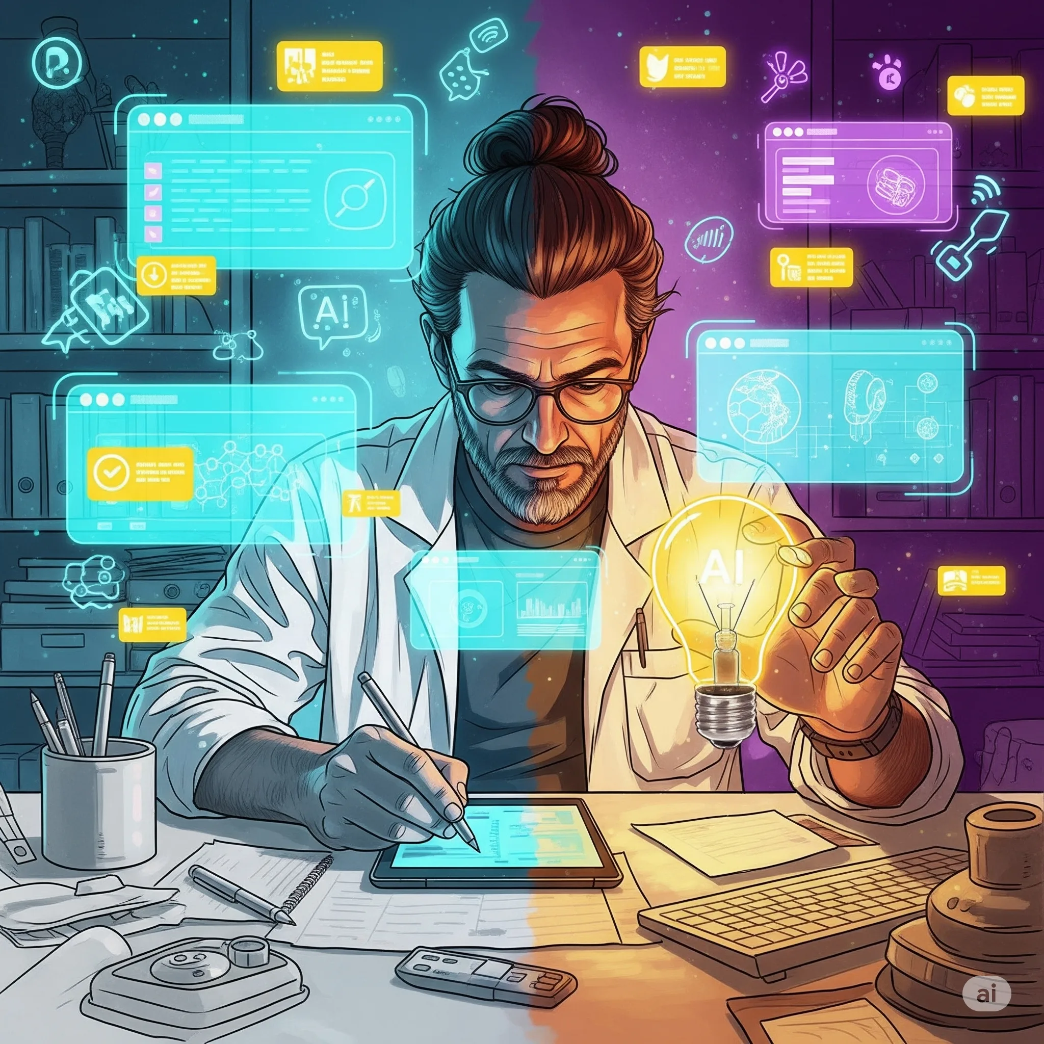 An illustration of a scientist in a lab using a laptop with floating holographic data screens. This image is a powerful visual representation of the advanced capabilities that AI tools for scientists bring to research and analysis.