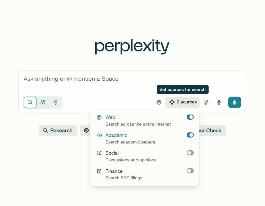A screenshot of the Perplexity AI search engine, showing its feature to filter search sources, with the "Academic" filter selected. This demonstrates a key function of specialized AI tools for scientists.