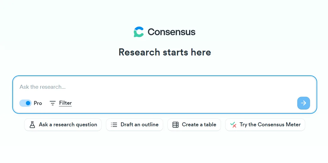 The homepage of the Consensus app, an AI search engine for scientific research. This screenshot introduces another one of the essential AI tools for scientists designed to extract evidence-based answers from studies.