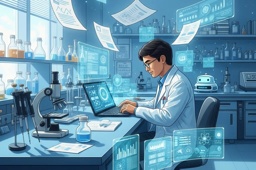 An illustration of a scientist in a modern laboratory, using a laptop with futuristic holographic displays showing data and graphs. This image represents the advanced capabilities of AI tools for scientists in a research environment.