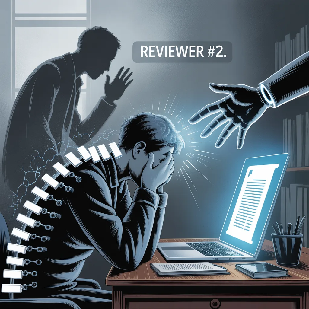 A symbolic illustration of a stressed researcher facing pressure from "Reviewer #2," representing a common challenge in academia. This sets the context for how AI tools for scientists can assist in the manuscript writing and revision process.