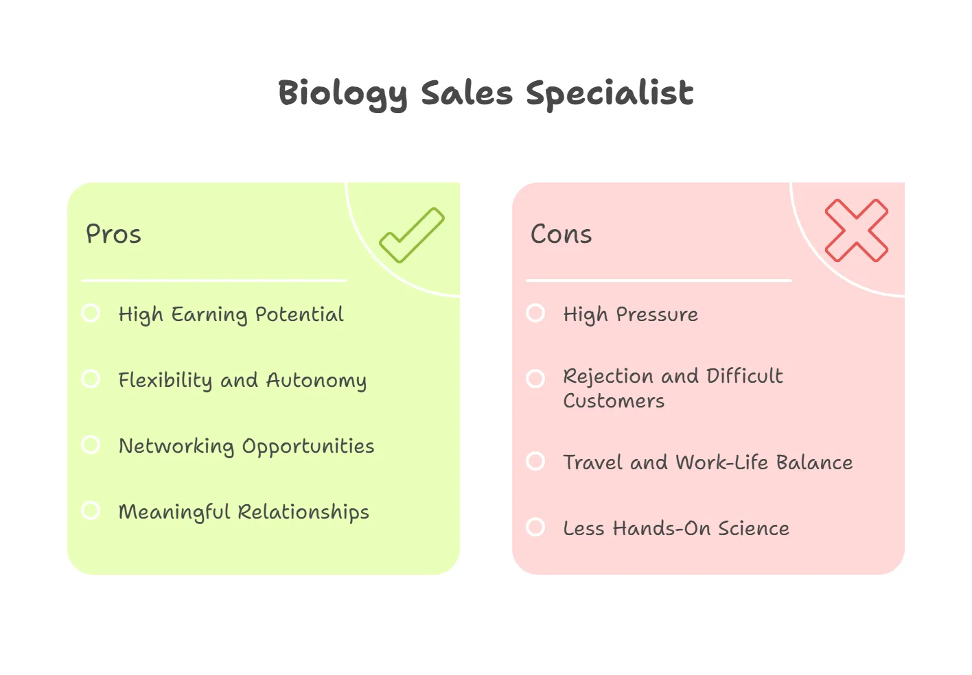 A pros and cons list outlines the benefits and drawbacks of a career as a biology sales specialist.