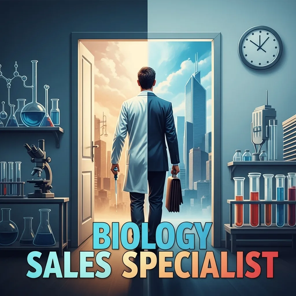 Gouache painting of a Biology Sales Specialist moving from lab to business with pipette and briefcase.